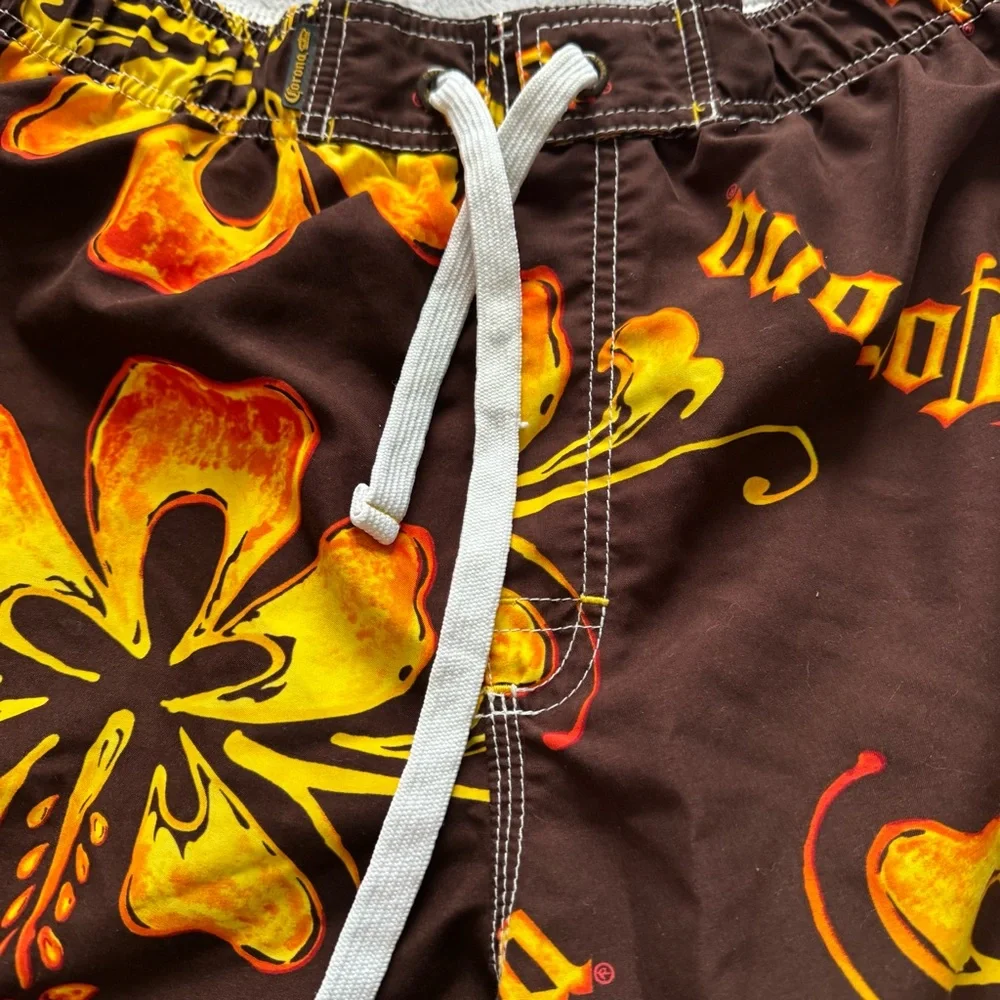 Corona Extra Hibiscus Floral Beer Board‎ Shorts Swim Trunks Brown Mens L